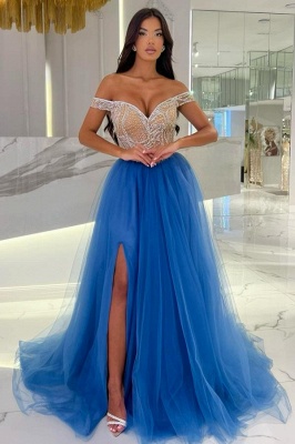 Schöne Abendkleider Lang Blau Abiballkleid mit Gltizer